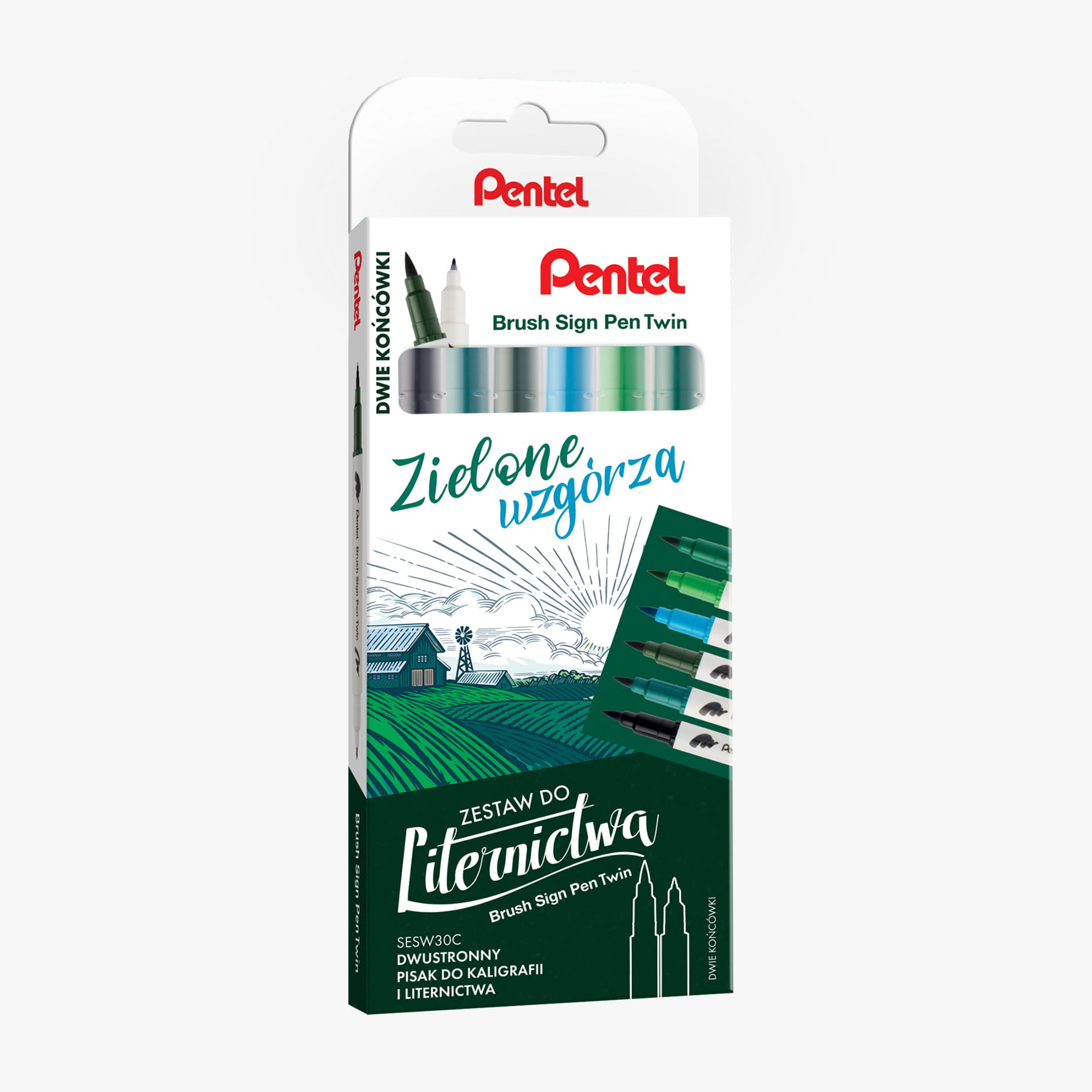 Dwustronne brush peny Pentel Twin - Zielone wzgórza (zestaw 6szt)